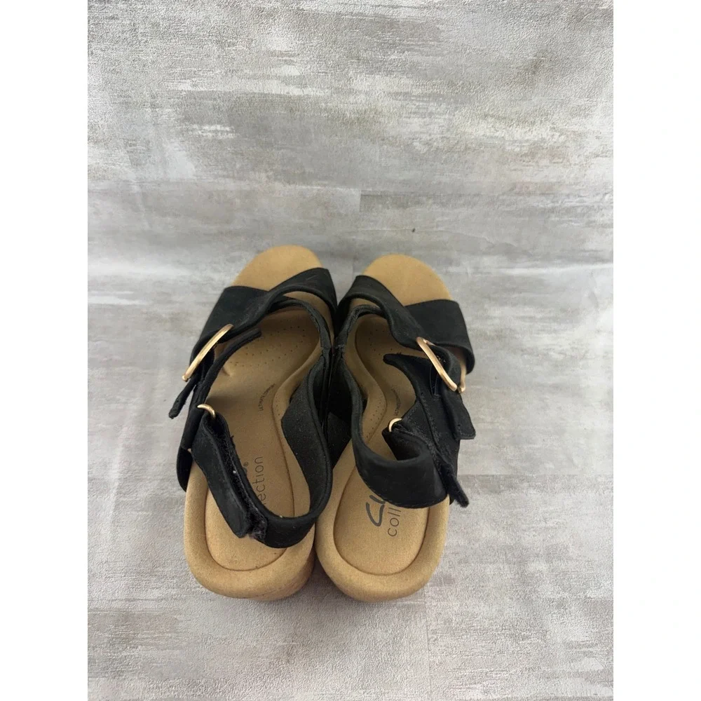 Clarks Collection Black Cork Wedge Sandals Ultimate Comfort Women Size 9.5M